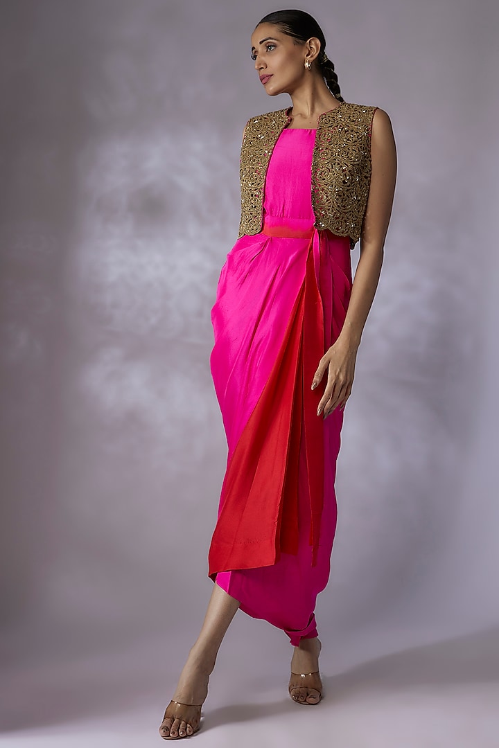 Hot Pink & Red Dupion Silk Jacket Dress by Anand Kabra