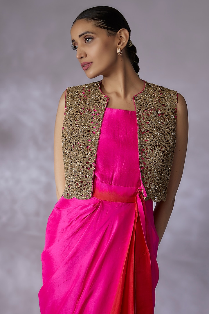 Hot Pink & Red Dupion Silk Jacket Dress by Anand Kabra at Pernia's Pop Up  Shop 2026