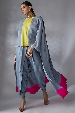 Multi-Colored Habutai Silk Embroidered Cape Set by Anand Kabra
