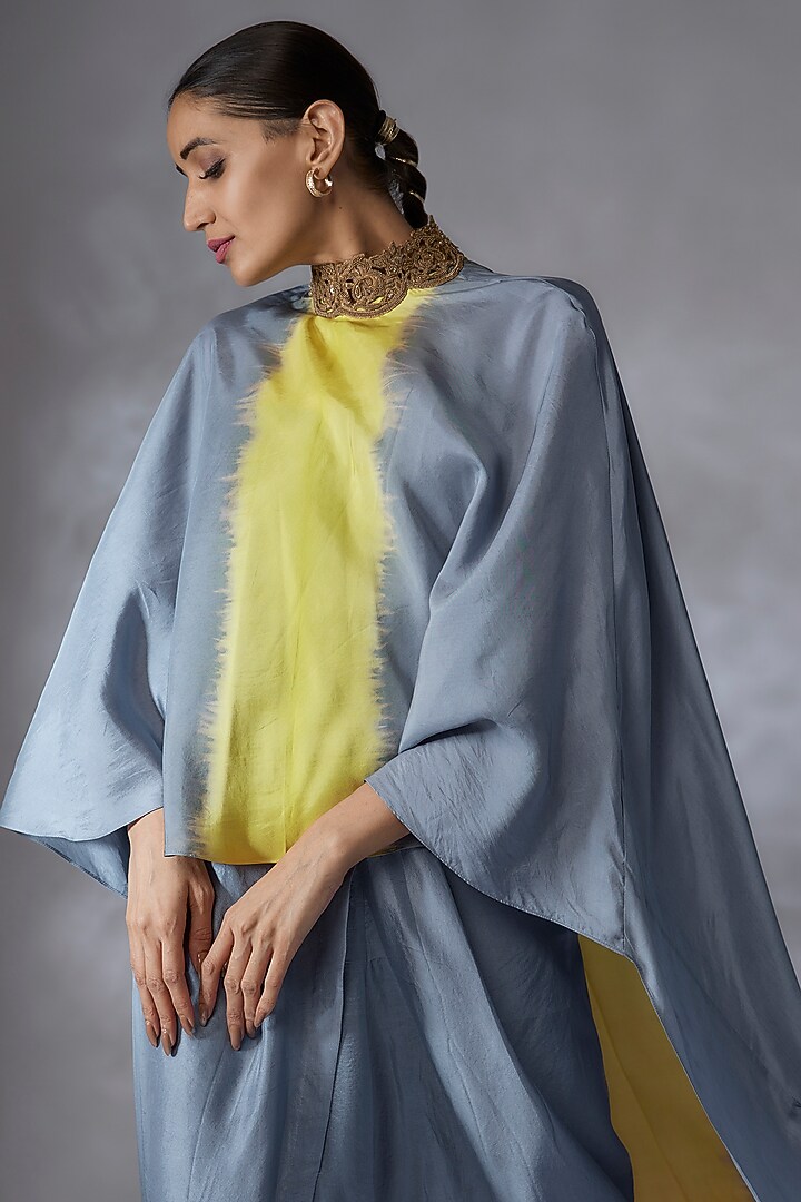 Multi-Colored Habutai Silk Embroidered Cape Set by Anand Kabra at Pernia's Pop Up Shop