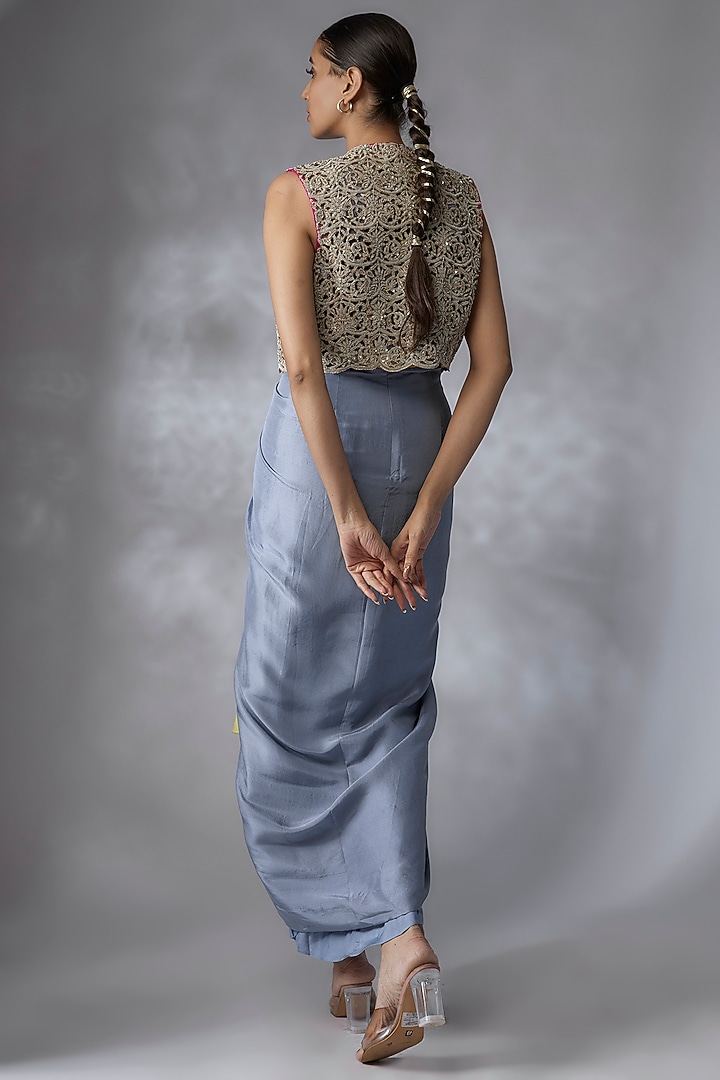 Blue & Lime Green Dupion Silk Jacket Party Wear Dress by Anand Kabra at Pernia's Pop Up Shop