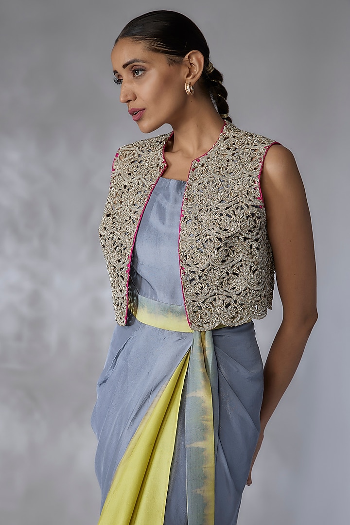 Blue & Lime Green Dupion Silk Jacket Party Wear Dress by Anand Kabra at Pernia's Pop Up Shop