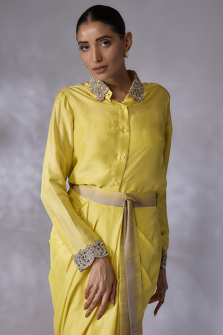 Lime Green Dupion Silk Skirt Set by Anand Kabra at Pernia's Pop Up Shop