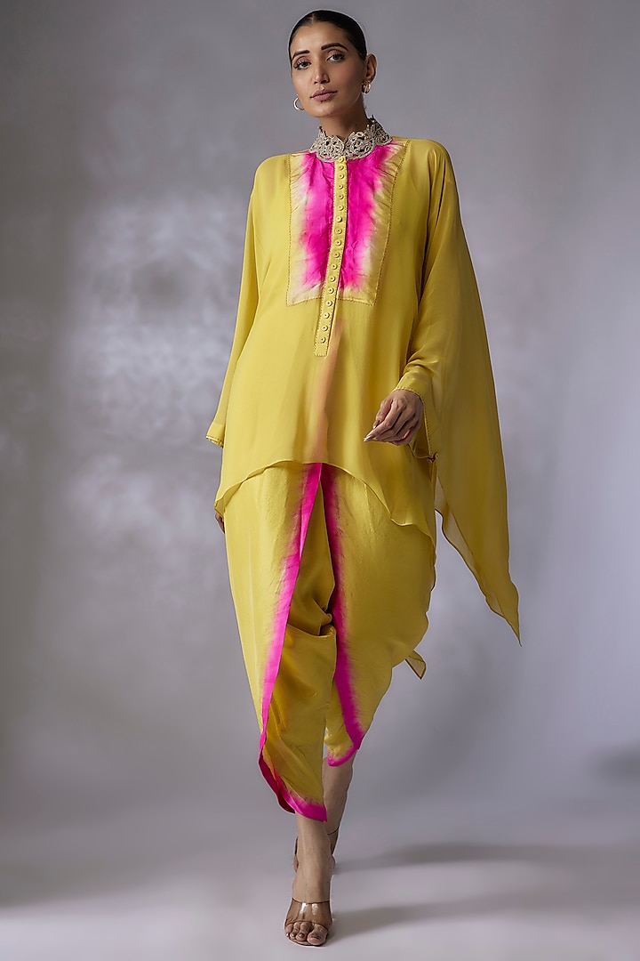 Lime Green & Hot Pink Georgette Cape Set by Anand Kabra at Pernia's Pop Up Shop