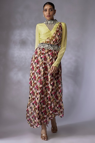 Multi-Colored Habutai Silk Printed Pant Saree Set by Anand Kabra