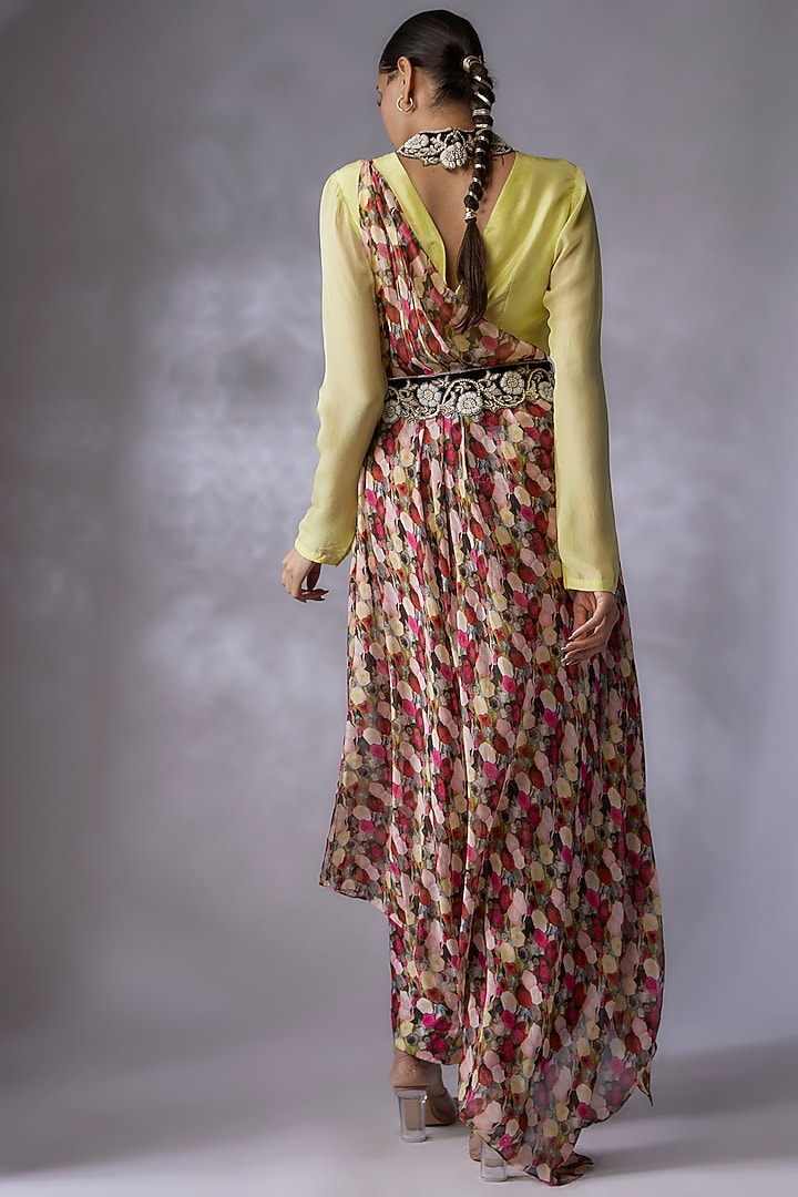 Multi-Colored Habutai Silk Printed Pant Wedding Saree Set by Anand Kabra at Pernia's Pop Up Shop