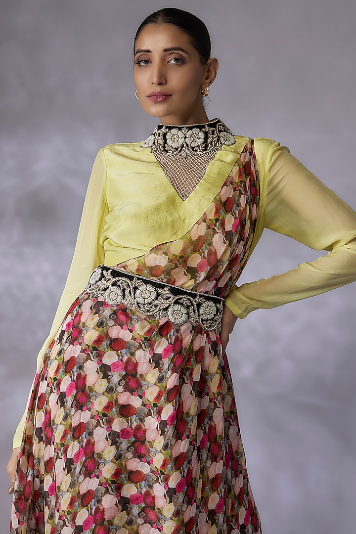 Multi-Colored Habutai Silk Printed Pant Wedding Saree Set by Anand Kabra at Pernia's Pop Up Shop