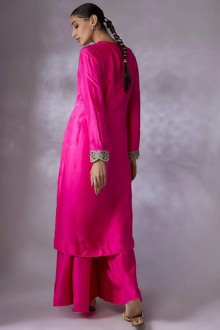 Hot Pink & Lime Green Dupion Silk Kurta Set by Anand Kabra at Pernia's Pop Up Shop