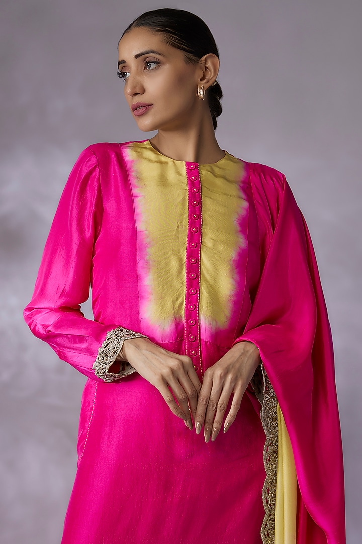 Hot Pink & Lime Green Dupion Silk Kurta Set by Anand Kabra at Pernia's Pop Up Shop