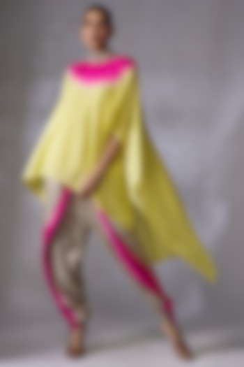 Lime Green & Hot Pink Habutai Silk Cape Set by Anand Kabra at Pernia's Pop Up Shop