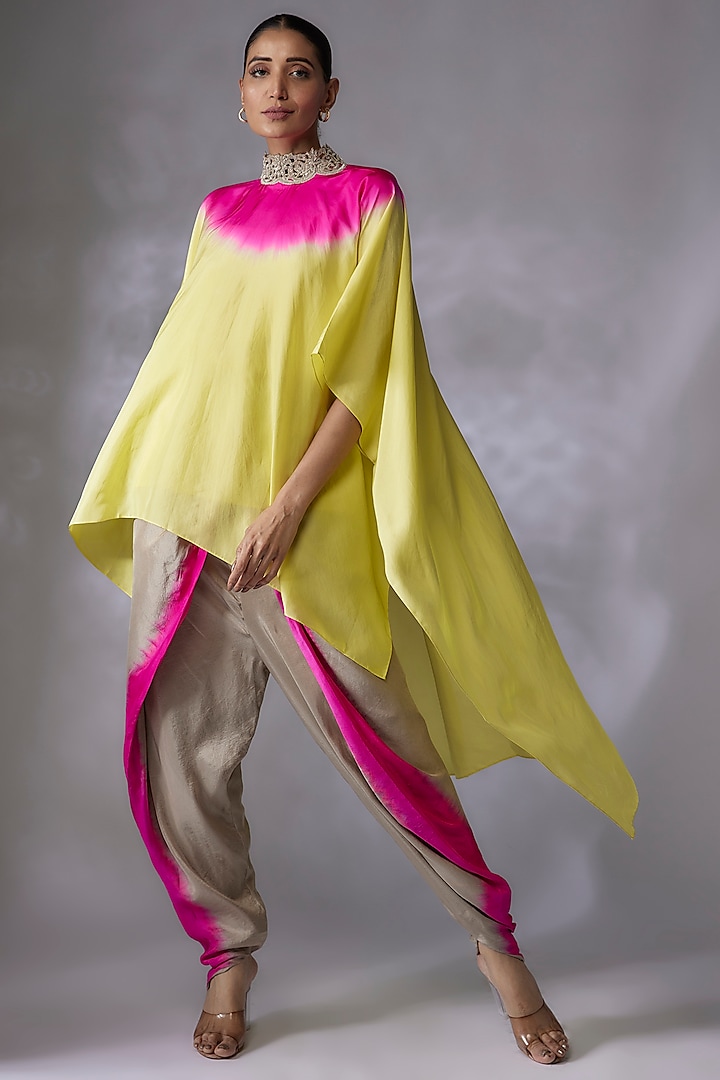 Lime Green & Hot Pink Habutai Silk Cape Set by Anand Kabra at Pernia's Pop Up Shop