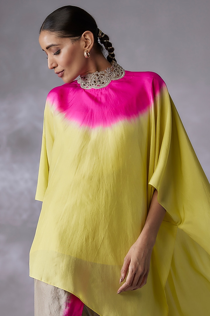 Lime Green & Hot Pink Habutai Silk Cape Set by Anand Kabra at Pernia's Pop Up Shop