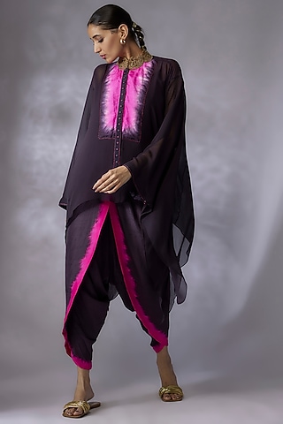 Dark Grey & Hot Pink Georgette Cape Set by Anand Kabra