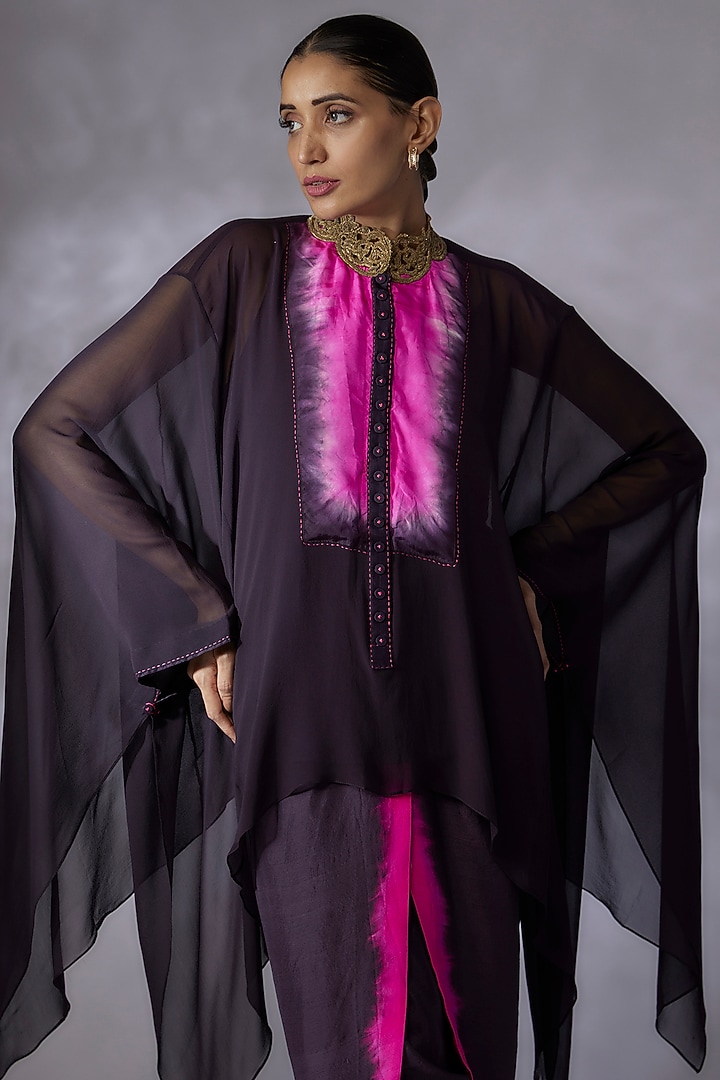 Dark Grey & Hot Pink Georgette Cape Set by Anand Kabra at Pernia's Pop Up Shop