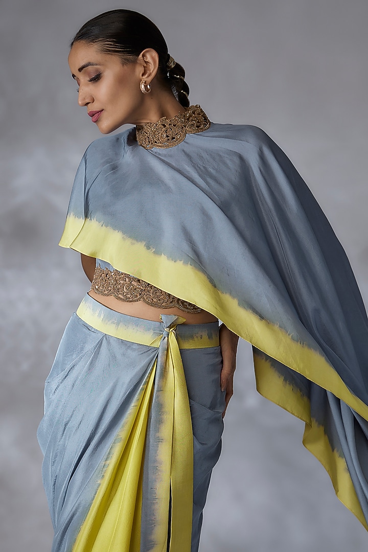Blue & Lime Green Dupion Silk Skirt Set by Anand Kabra at Pernia's Pop Up Shop