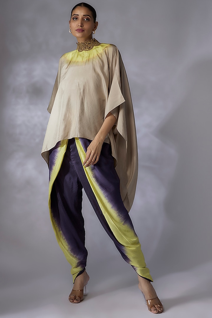 Light Grey & Lime Green Habutai Silk Embroidered Cape Set by Anand Kabra