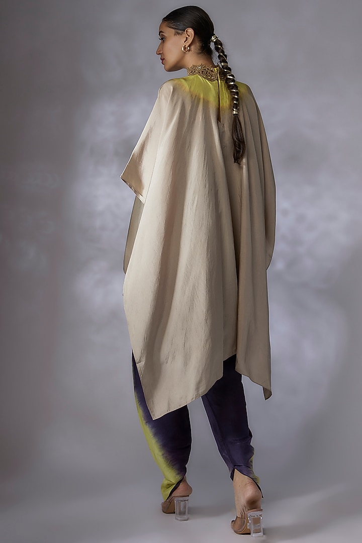 Light Grey & Lime Green Habutai Silk Embroidered Cape Set by Anand Kabra at Pernia's Pop Up Shop
