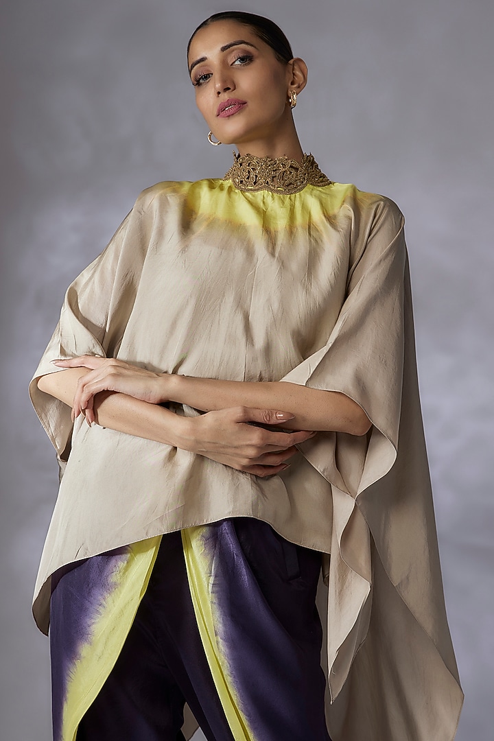 Light Grey & Lime Green Habutai Silk Embroidered Cape Set by Anand Kabra at Pernia's Pop Up Shop