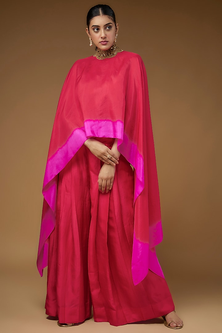 Red & Hot Pink Habutai Silk Embroidered Cape Set by Anand Kabra at Pernia's Pop Up Shop