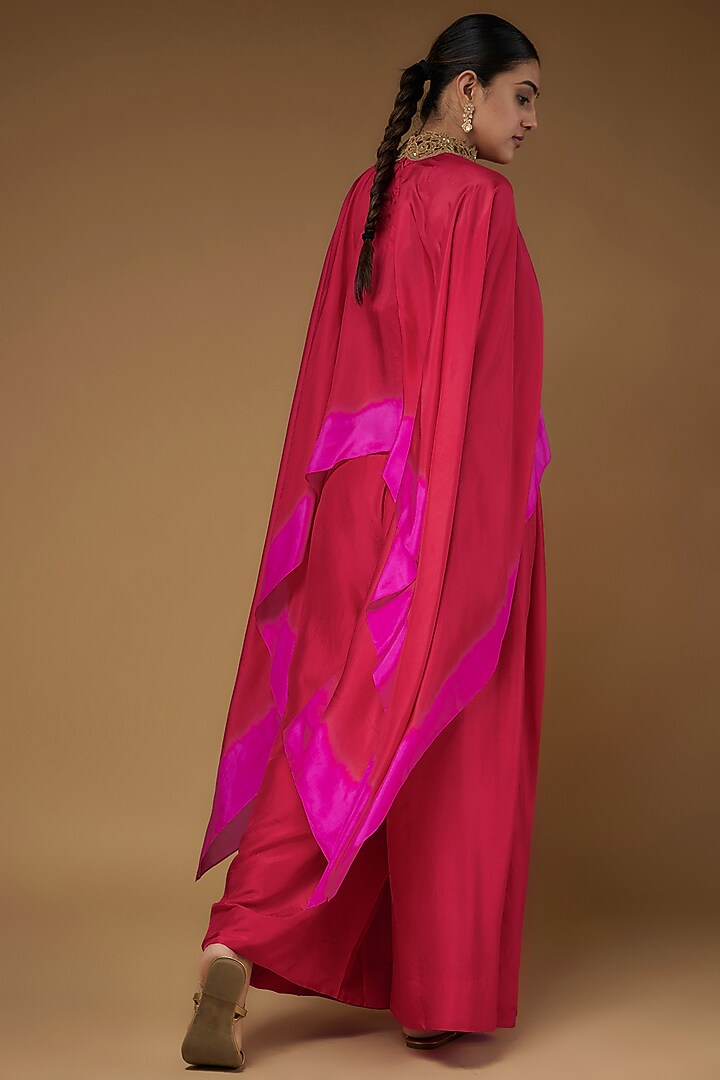 Red & Hot Pink Habutai Silk Embroidered Cape Set by Anand Kabra at Pernia's Pop Up Shop
