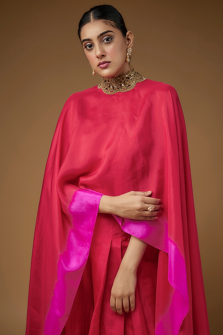 Red & Hot Pink Habutai Silk Embroidered Cape Set by Anand Kabra at Pernia's Pop Up Shop
