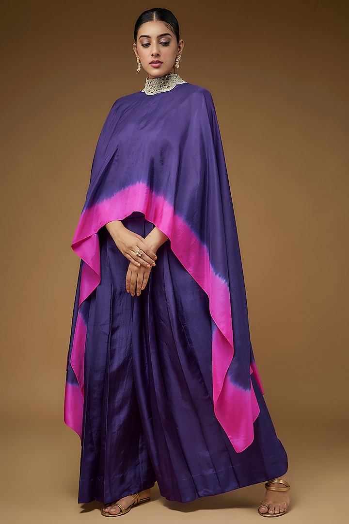 Purple & Hot Pink Habutai Silk Embroidered Cape Set by Anand Kabra