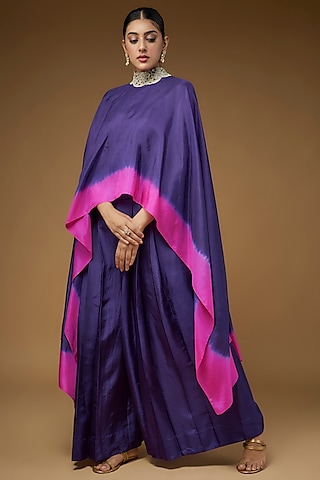 Purple & Hot Pink Habutai Silk Embroidered Cape Set by Anand Kabra