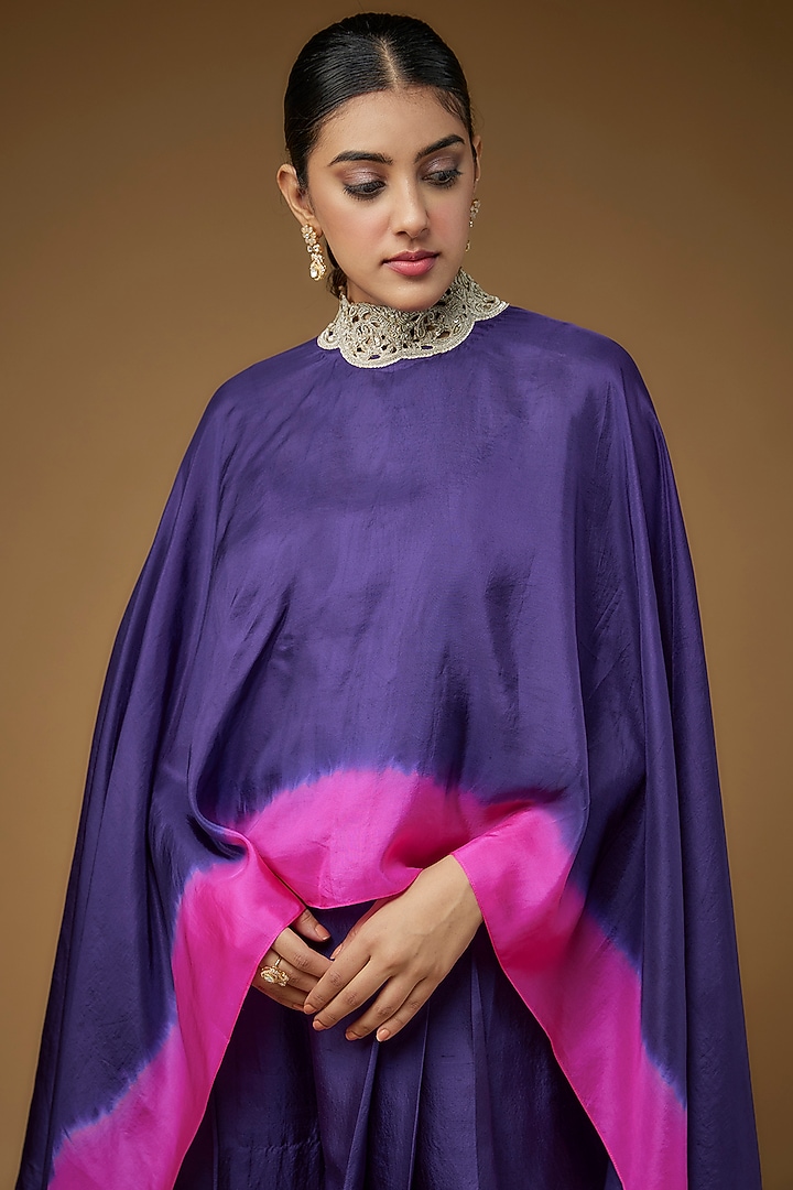 Purple & Hot Pink Habutai Silk Embroidered Cape Set by Anand Kabra at Pernia's Pop Up Shop