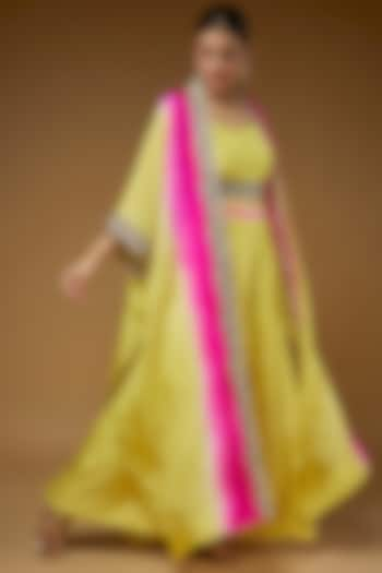 Lime & Hot Pink Habutai Silk Embroidered Cape Set by Anand Kabra at Pernia's Pop Up Shop