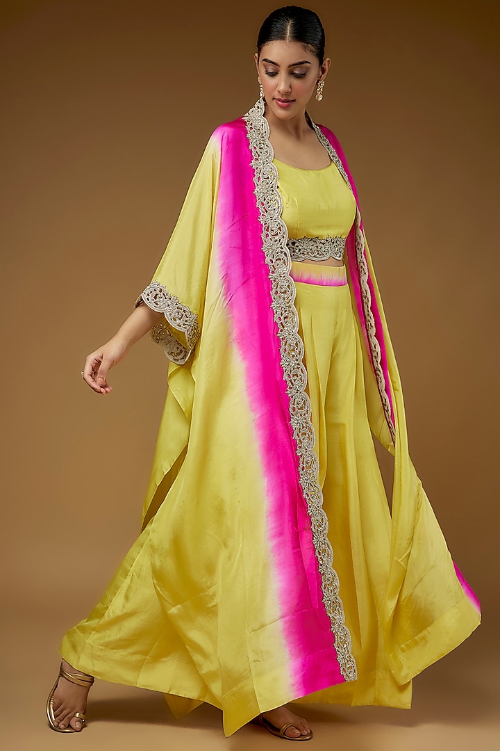 Lime & Hot Pink Habutai Silk Embroidered Cape Set by Anand Kabra at Pernia's Pop Up Shop