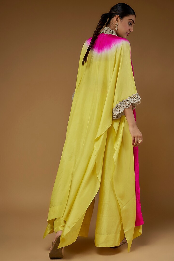 Lime & Hot Pink Habutai Silk Embroidered Cape Set by Anand Kabra at Pernia's Pop Up Shop