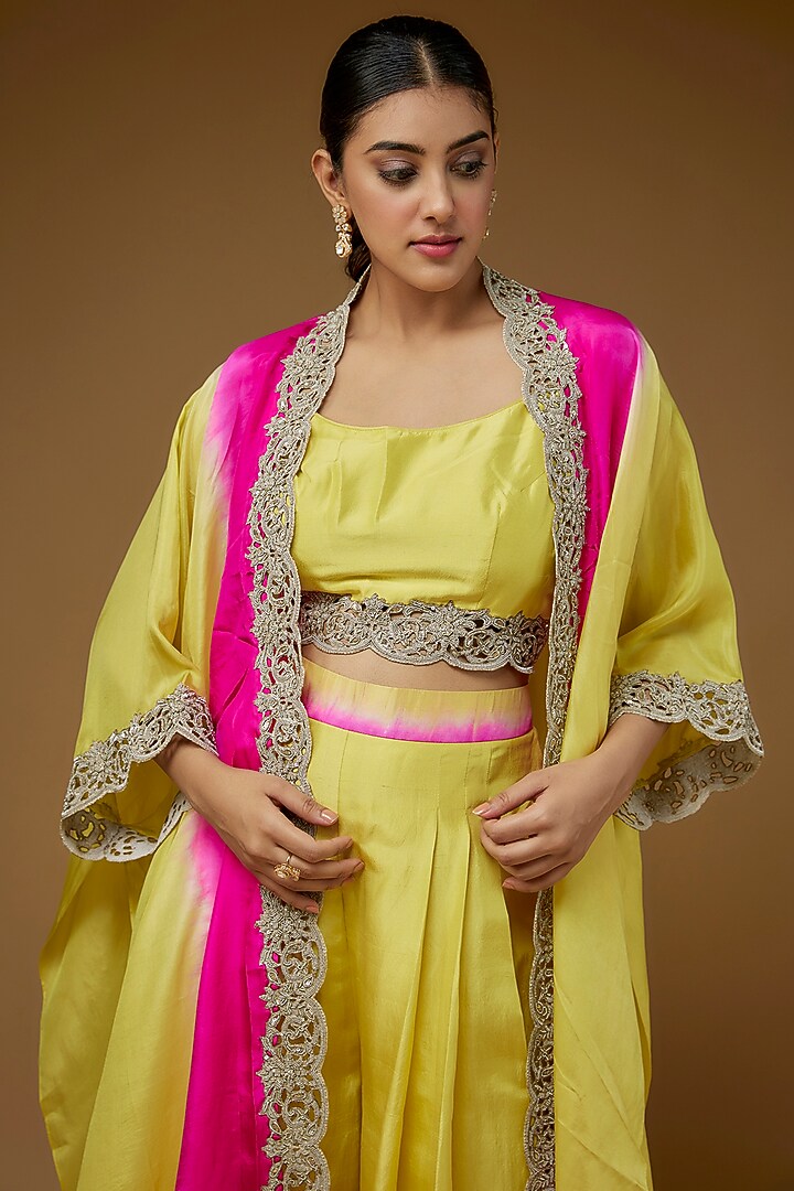 Lime & Hot Pink Habutai Silk Embroidered Cape Set by Anand Kabra at Pernia's Pop Up Shop