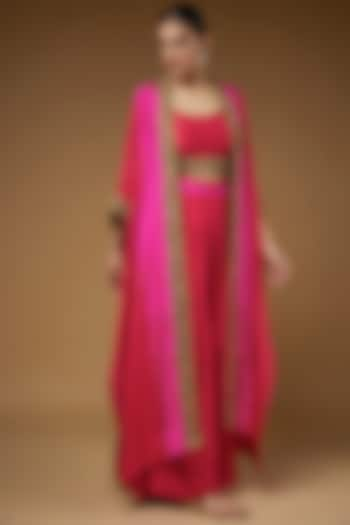 Red & Hot Pink Habutai Silk Embroidered Cape Set by Anand Kabra at Pernia's Pop Up Shop