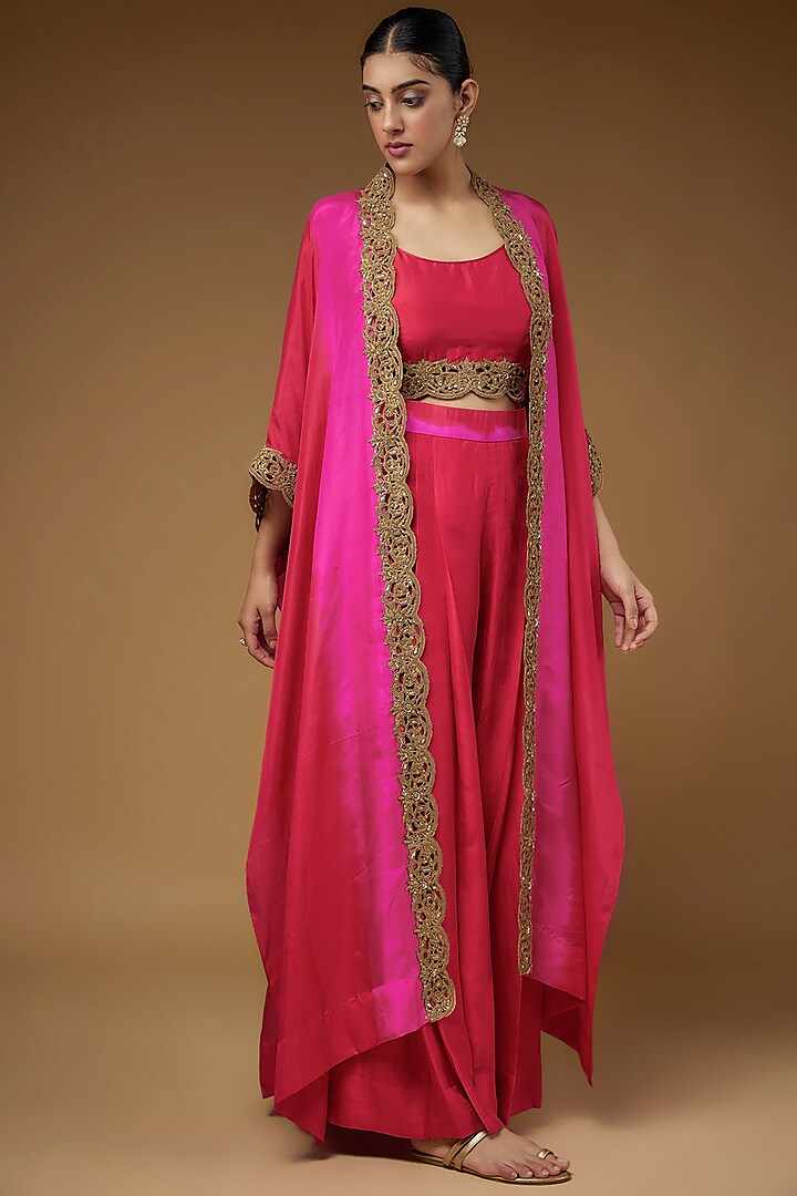 Red & Hot Pink Habutai Silk Embroidered Cape Set by Anand Kabra at Pernia's Pop Up Shop