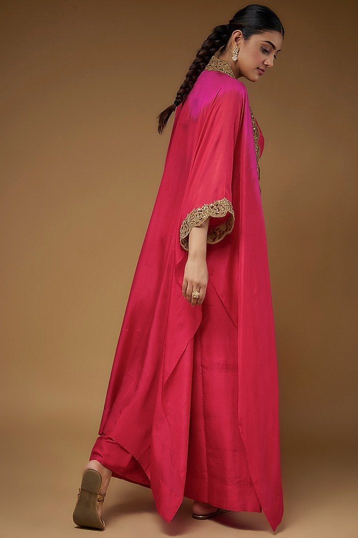 Red & Hot Pink Habutai Silk Embroidered Cape Set by Anand Kabra at Pernia's Pop Up Shop