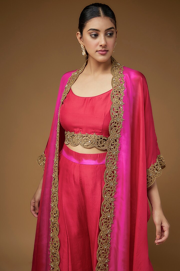 Red & Hot Pink Habutai Silk Embroidered Cape Set by Anand Kabra at Pernia's Pop Up Shop