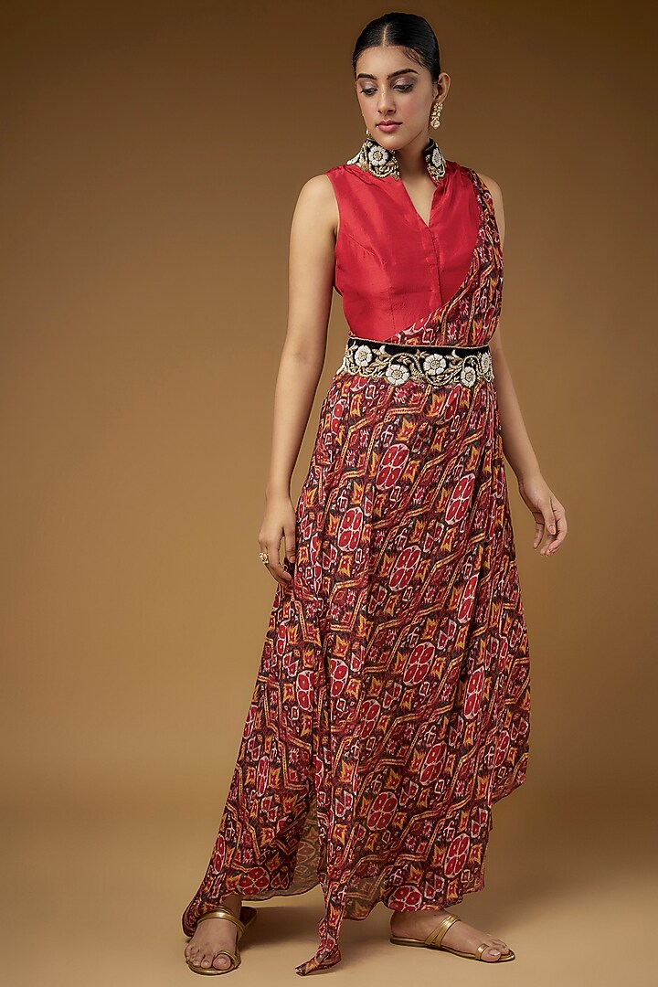 Red Dupion Pant Set by Anand Kabra at Pernia's Pop Up Shop