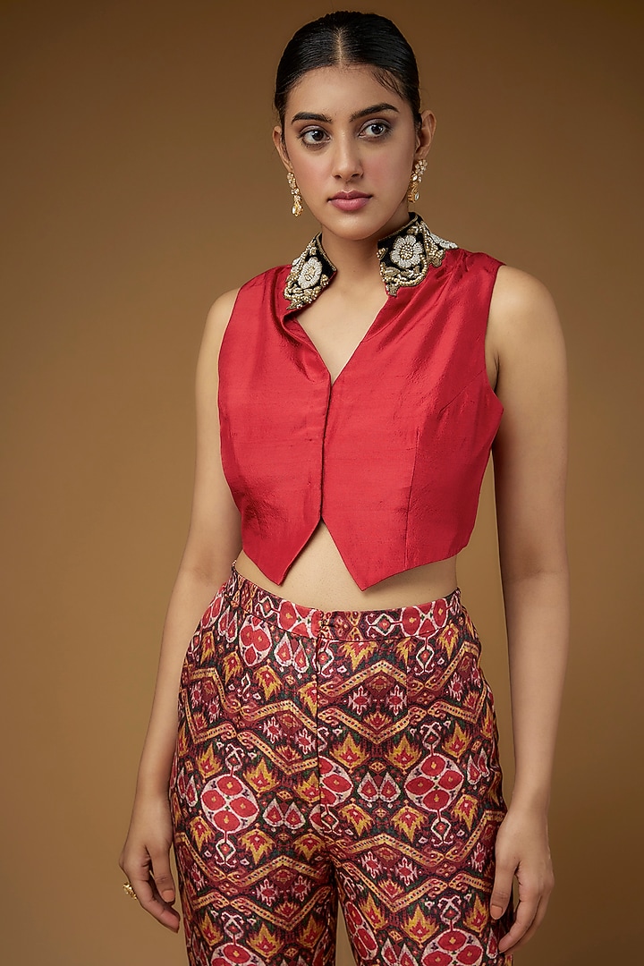 Red Dupion Pant Set by Anand Kabra at Pernia's Pop Up Shop