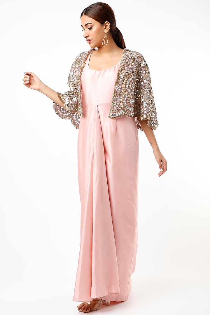 Blush Pink Dress With Embroidered Cape by Anand Kabra