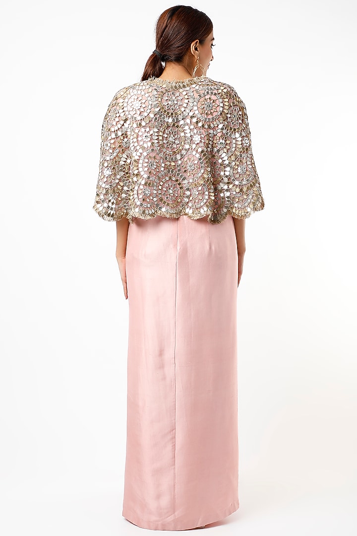 Blush Pink Dupion Silk Draped Party Wear Dress With Cape by Anand Kabra at Pernia's Pop Up Shop