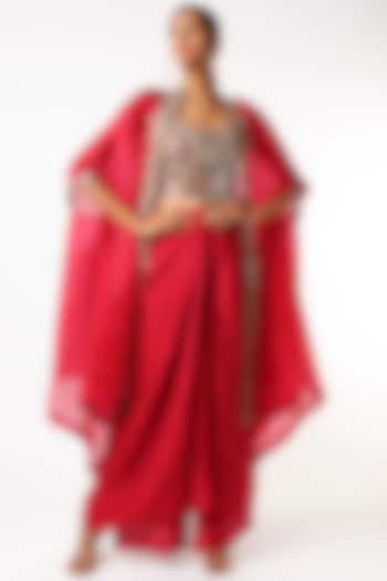 Red Draped Skirt Set by Anand Kabra