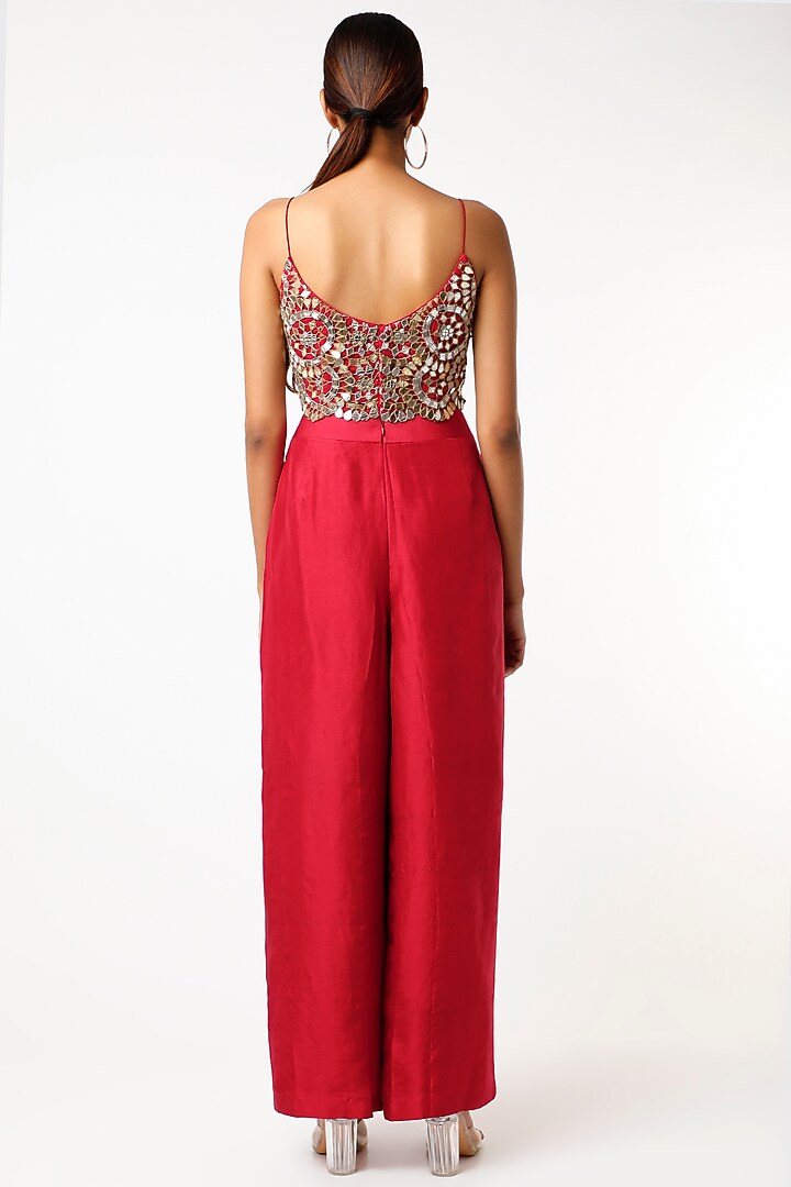Red Dupion Silk Draped Pant Set by Anand Kabra at Pernia's Pop Up Shop