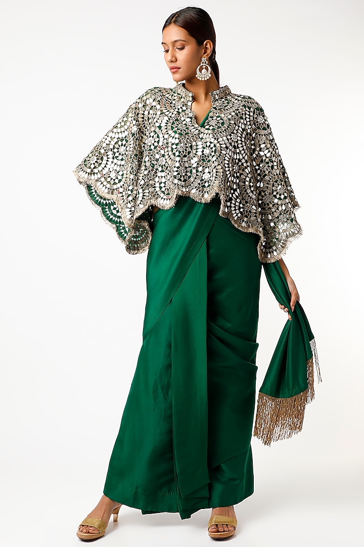 Emerald Green Structured Saree Set by Anand Kabra