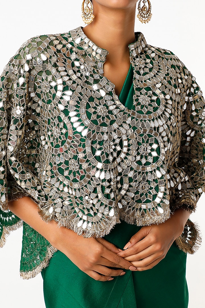 Emerald Green Structured Reception Saree Set by Anand Kabra at Pernia's Pop Up Shop