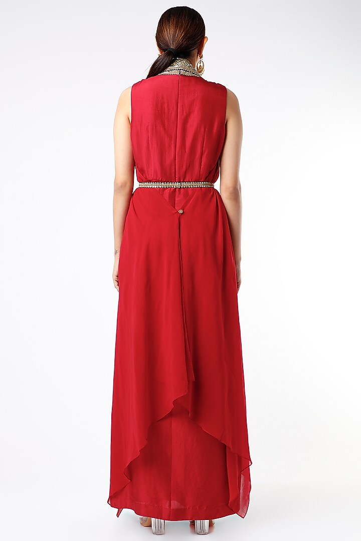 Red Cocktail Dress With Embroidered Drape by Anand Kabra at Pernia's Pop Up Shop