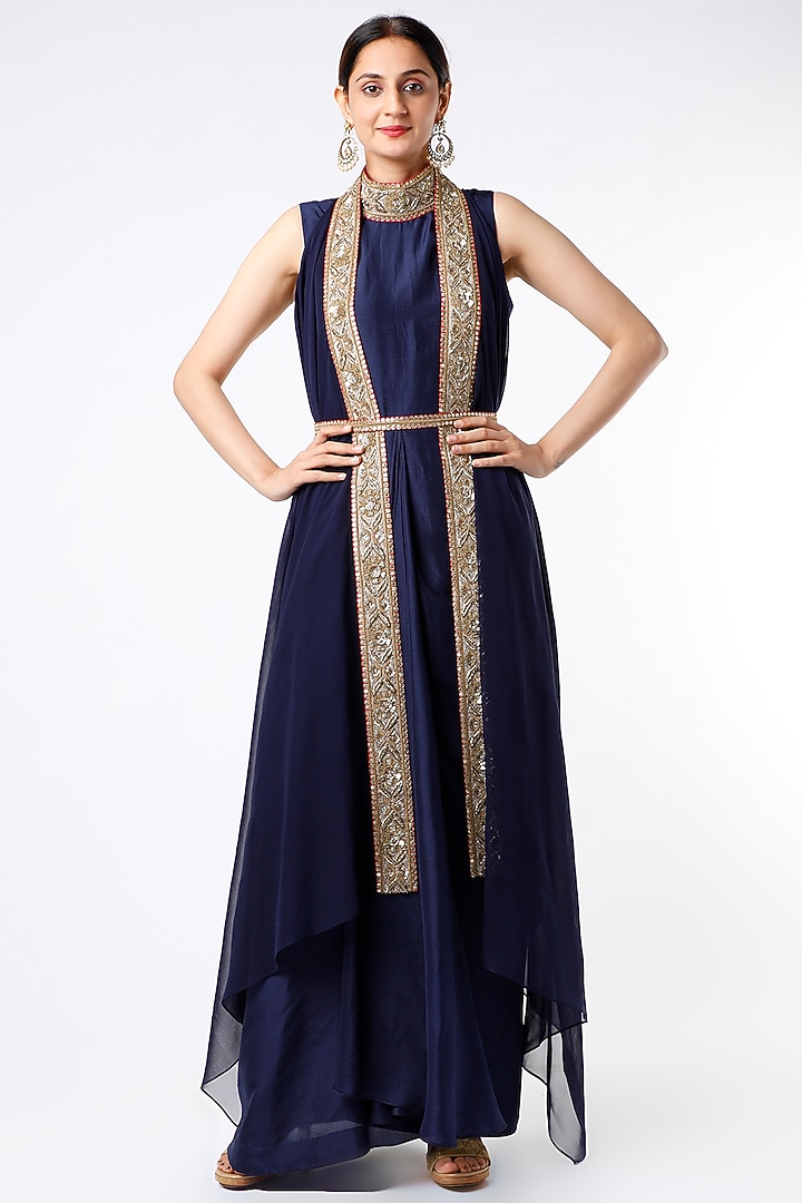 Dark Blue Cocktail Dress With Embroidered Drape by Anand Kabra at Pernia's Pop Up Shop