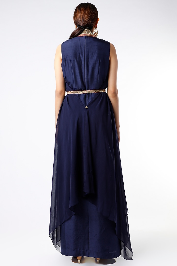 Dark Blue Cocktail Dress With Embroidered Drape by Anand Kabra at Pernia's Pop Up Shop
