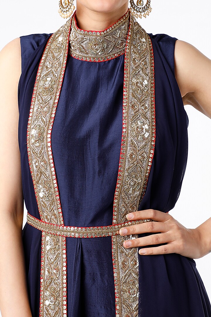 Dark Blue Cocktail Dress With Embroidered Drape by Anand Kabra at Pernia's Pop Up Shop