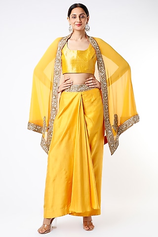 Mustard Yellow Draped Skirt Set by Anand Kabra