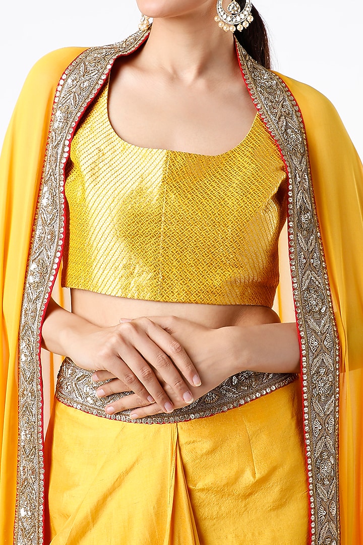 Mustard Yellow Draped Skirt Set by Anand Kabra at Pernia's Pop Up Shop